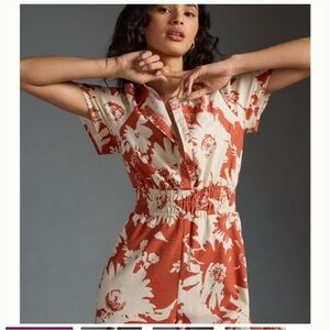 Anthropologie Red and Cream Jumpsuit with Flutter Sleeves